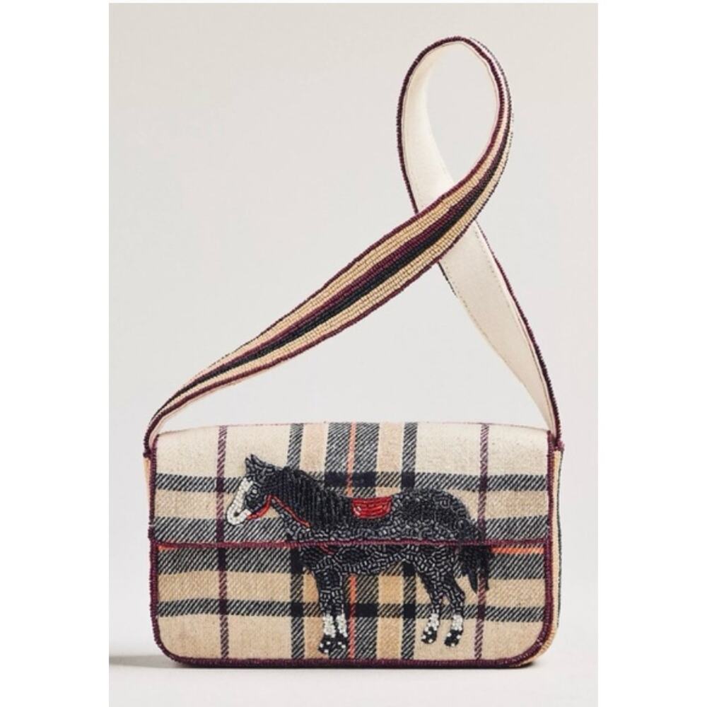 Anthropologie The Fiona Beaded Shoulder Bag Animal Edition Horse Plaid Cream